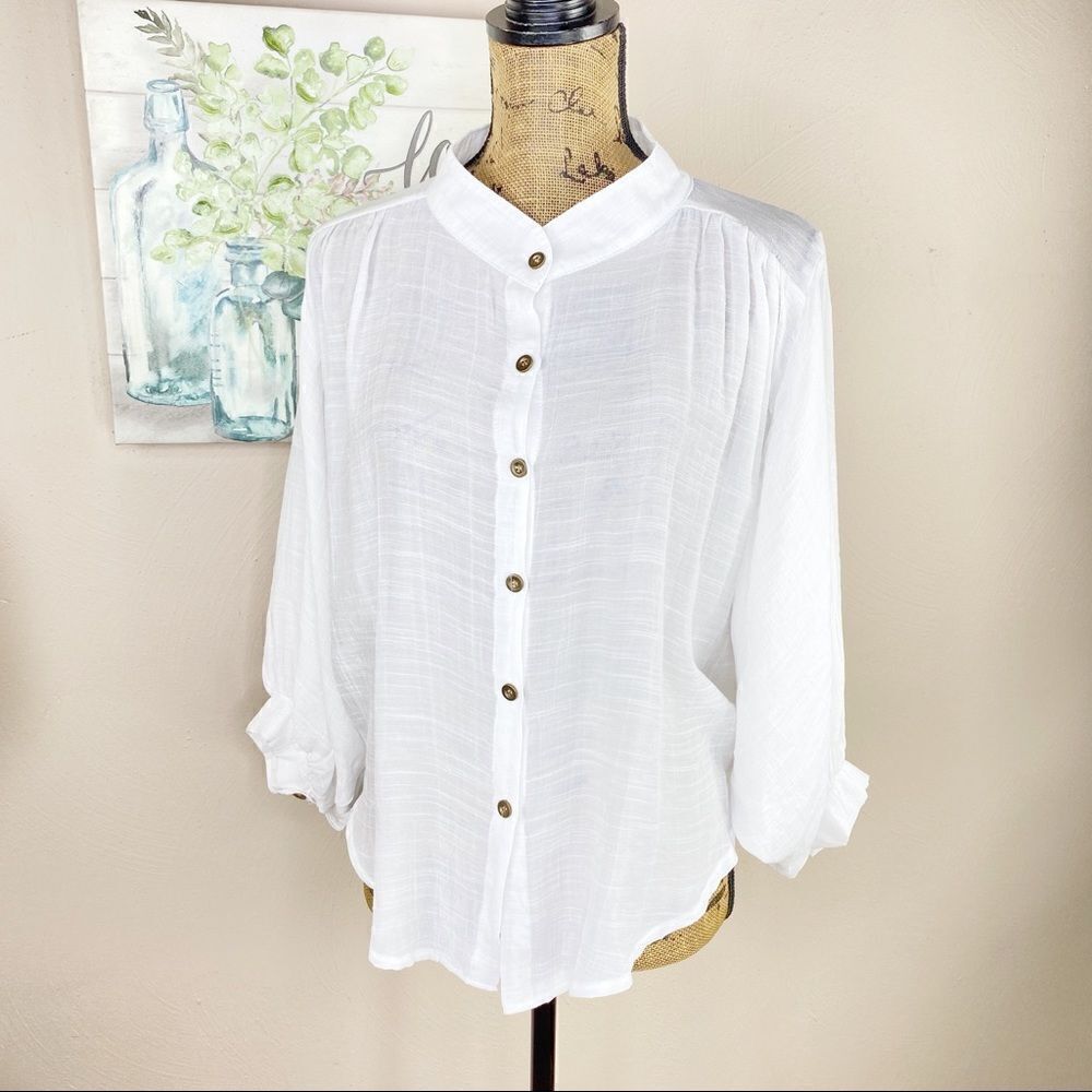Shein Bat Wing Button Front Swing Blouse White XS‎ Semi Sheer
